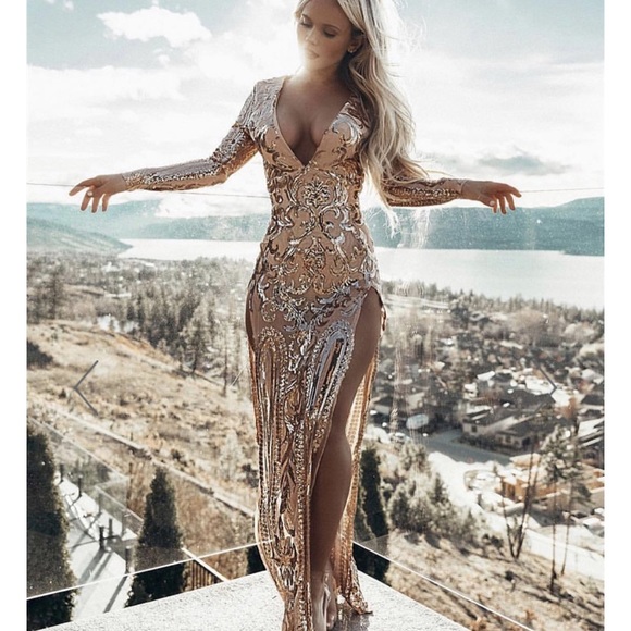 black and rose gold gown